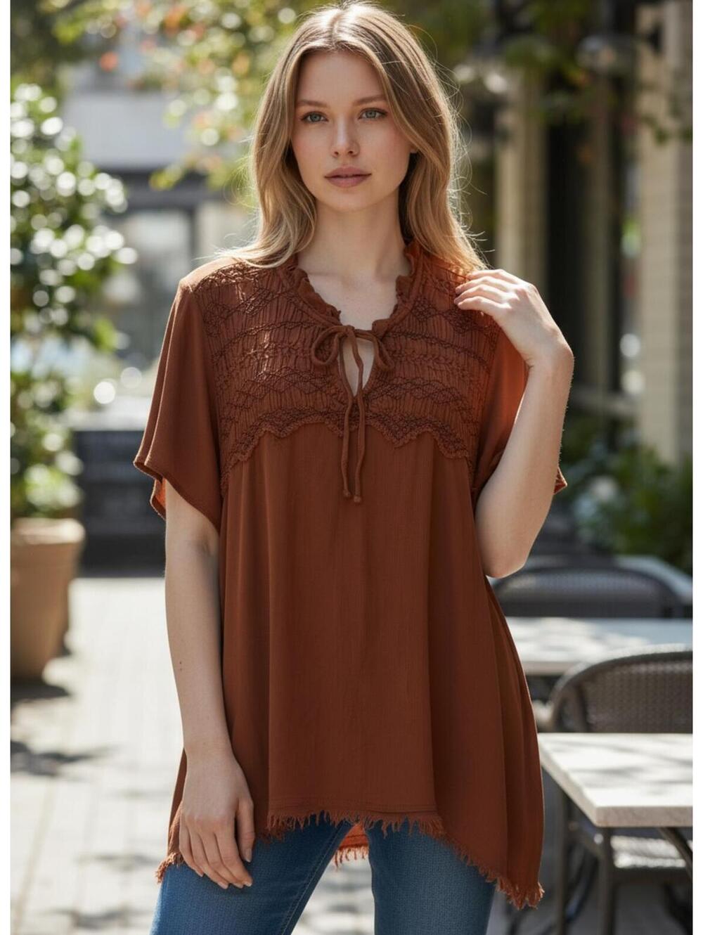 Brown Short Sleeve Bohemian Style Top with Lace Detail